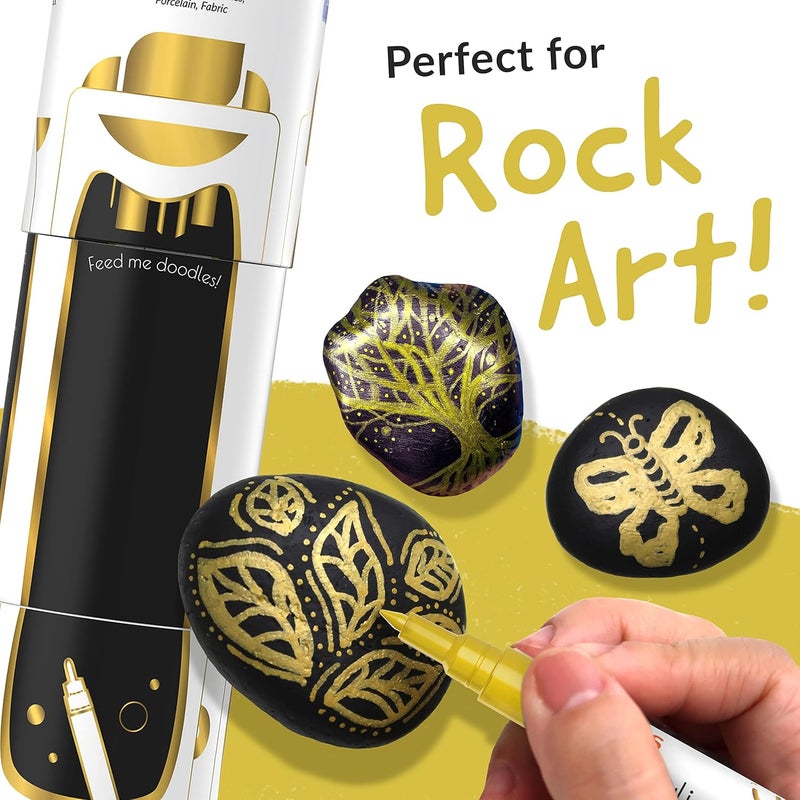 Funcils 5 Acrylic Gold Paint Pen Metallic - Gold Marker Metallic Paint for Wood, Fabric, Canvas, Leaf, Tire, Metal, Glass - Permanent Pen Fine Tip, Thin Point & Jumbo (1mm, 3mm, 6mm, 10mm, 15mm) - Image 3